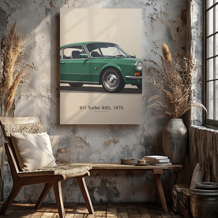 Minimalist Green Porsche 911 Turbo 930 Canvas – Vintage 1975 Sports Car Wall Art - Gifitto