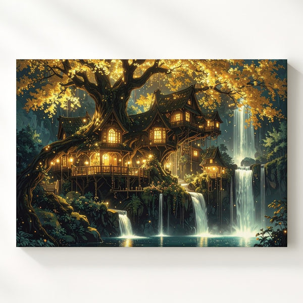 Enchanted Forest Village Canvas – Glowing Tree Homes and Waterfalls - Gifitto