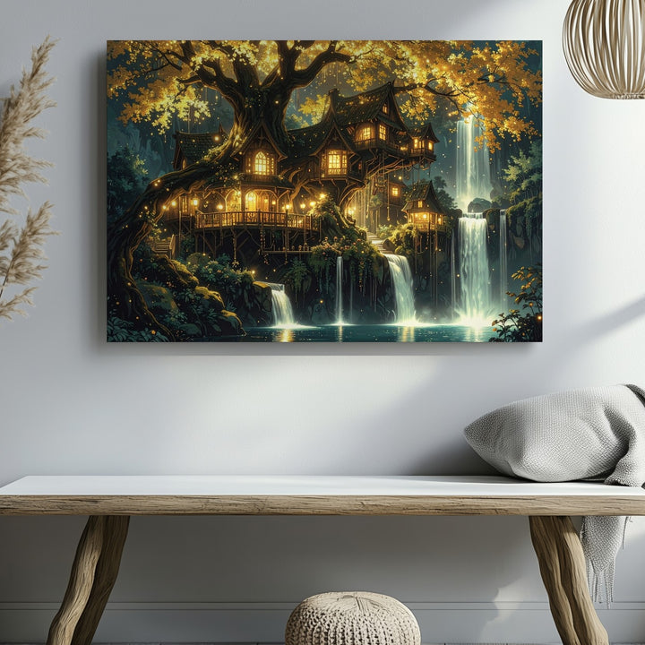 Enchanted Forest Village Canvas – Glowing Tree Homes and Waterfalls - Gifitto