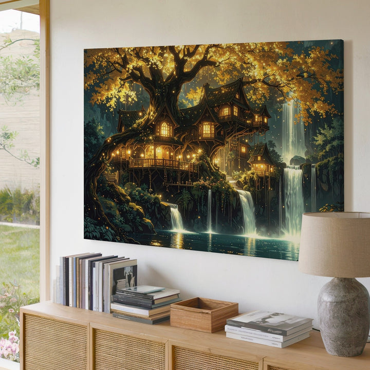 Enchanted Forest Village Canvas – Glowing Tree Homes and Waterfalls - Gifitto