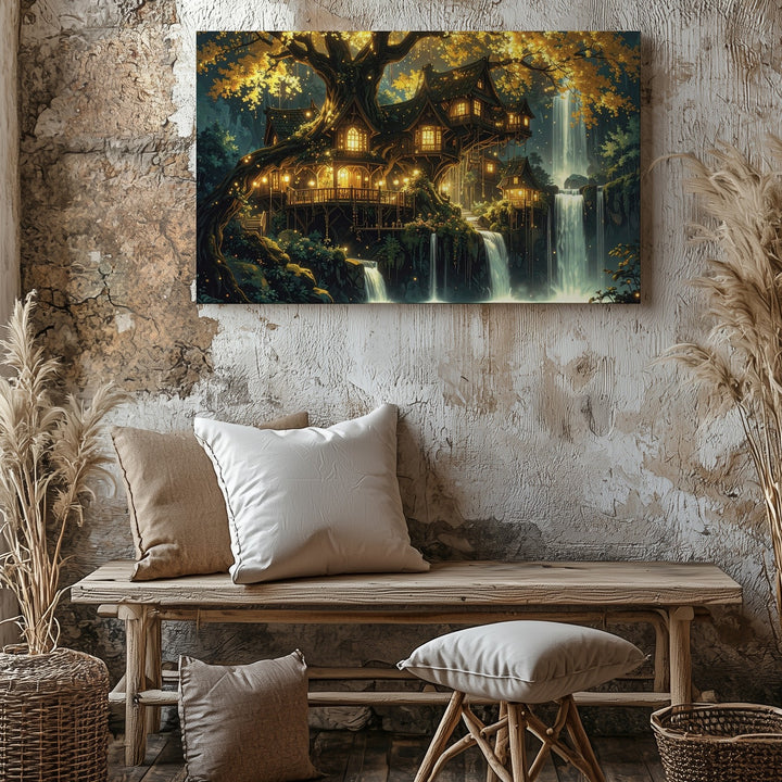 Enchanted Forest Village Canvas – Glowing Tree Homes and Waterfalls - Gifitto