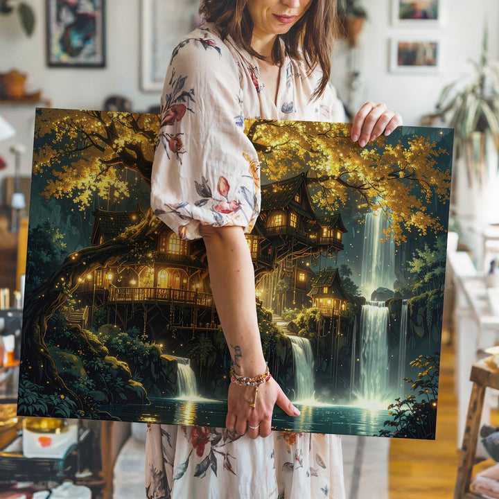 Enchanted Forest Village Canvas – Glowing Tree Homes and Waterfalls - Gifitto