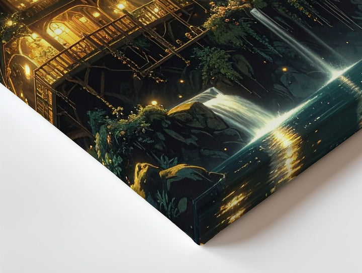 Enchanted Forest Village Canvas – Glowing Tree Homes and Waterfalls - Gifitto
