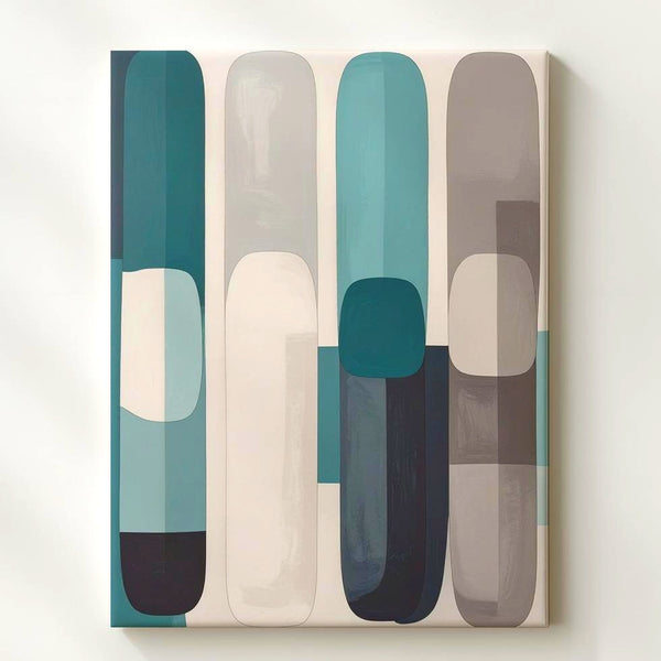 Abstract Vertical Capsule Canvas – Minimalist Organic Forms in Teal & Gray - Gifitto