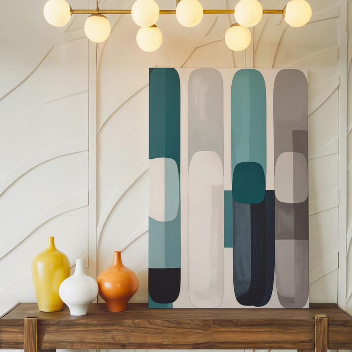 Abstract Vertical Capsule Canvas – Minimalist Organic Forms in Teal & Gray - Gifitto