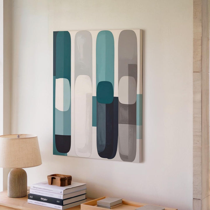 Abstract Vertical Capsule Canvas – Minimalist Organic Forms in Teal & Gray - Gifitto