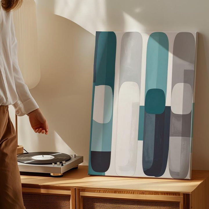 Abstract Vertical Capsule Canvas – Minimalist Organic Forms in Teal & Gray - Gifitto