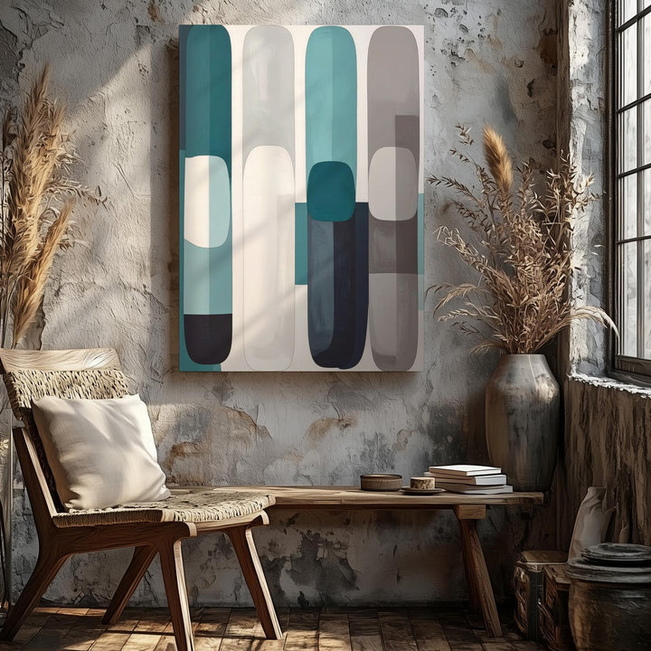 Abstract Vertical Capsule Canvas – Minimalist Organic Forms in Teal & Gray - Gifitto