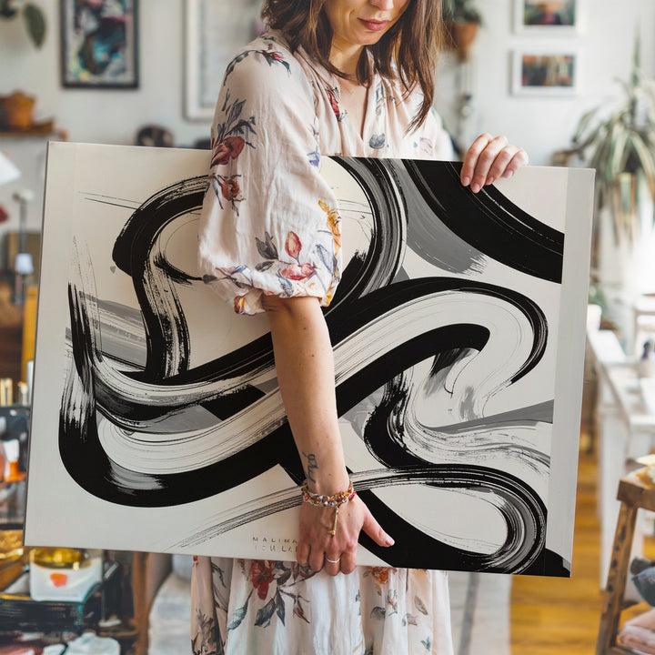 Abstract Brushstroke Canvas – Gestural Black & White Minimalist Art - Gifitto