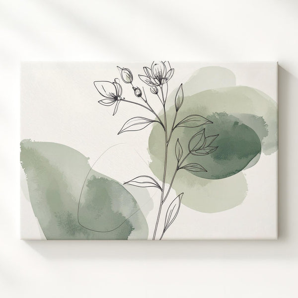 Minimalist Botanical Canvas – Fine Line Flower Stem with Watercolor Accents - Gifitto