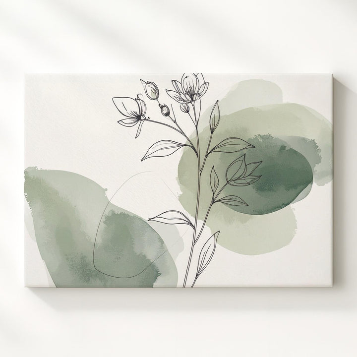 Minimalist Botanical Canvas – Fine Line Flower Stem with Watercolor Accents - Gifitto
