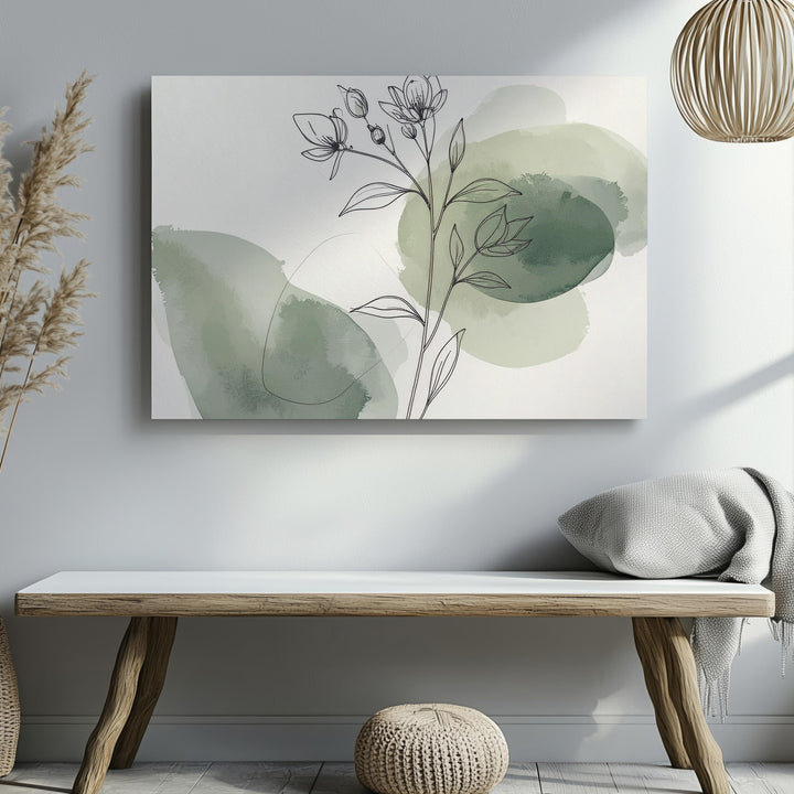 Minimalist Botanical Canvas – Fine Line Flower Stem with Watercolor Accents - Gifitto