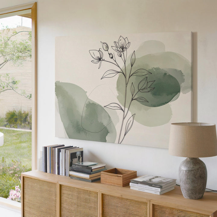 Minimalist Botanical Canvas – Fine Line Flower Stem with Watercolor Accents - Gifitto