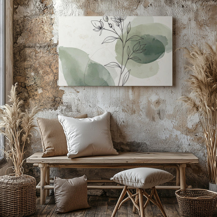 Minimalist Botanical Canvas – Fine Line Flower Stem with Watercolor Accents - Gifitto