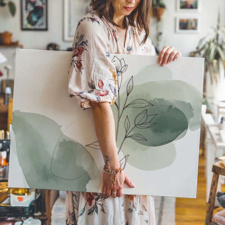 Minimalist Botanical Canvas – Fine Line Flower Stem with Watercolor Accents - Gifitto