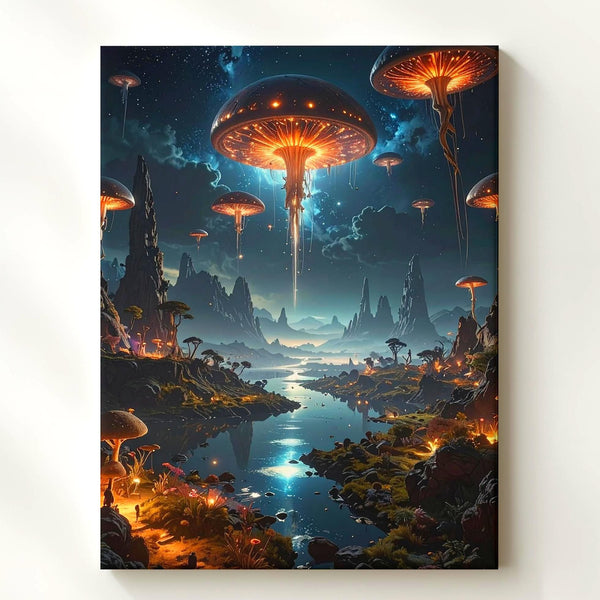 Alien Wilderness Canvas – Glowing Mushrooms and Travelers in Surreal Landscape - Gifitto