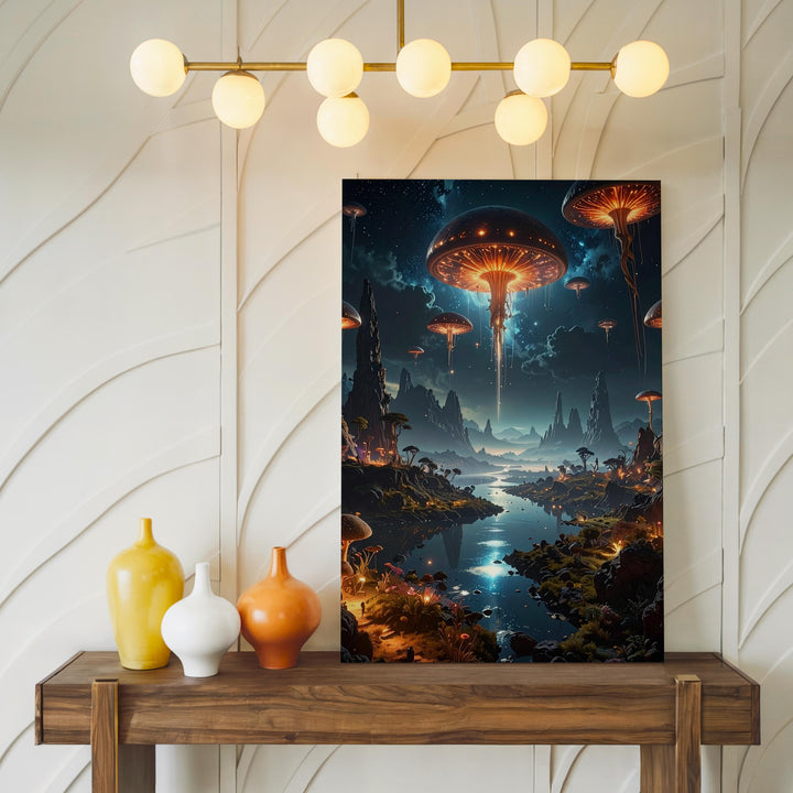 Alien Wilderness Canvas – Glowing Mushrooms and Travelers in Surreal Landscape - Gifitto