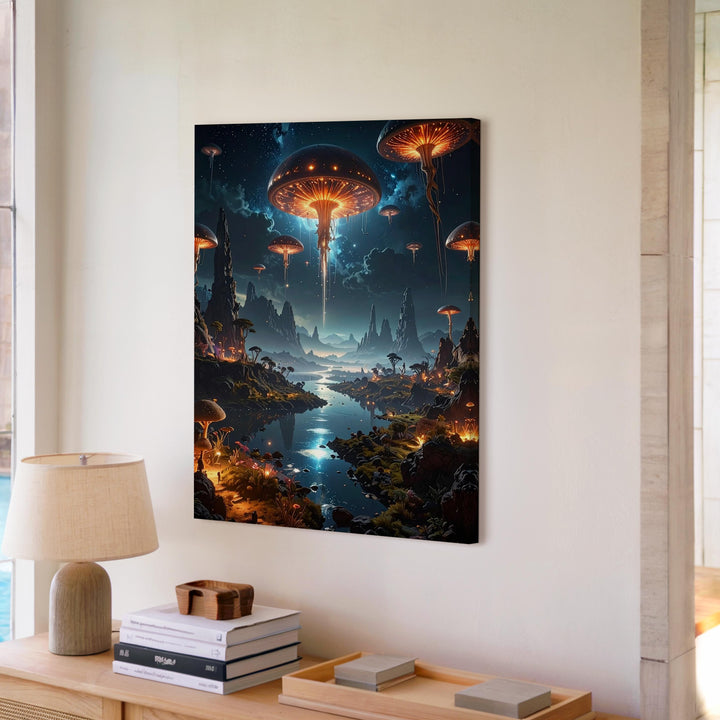 Alien Wilderness Canvas – Glowing Mushrooms and Travelers in Surreal Landscape - Gifitto