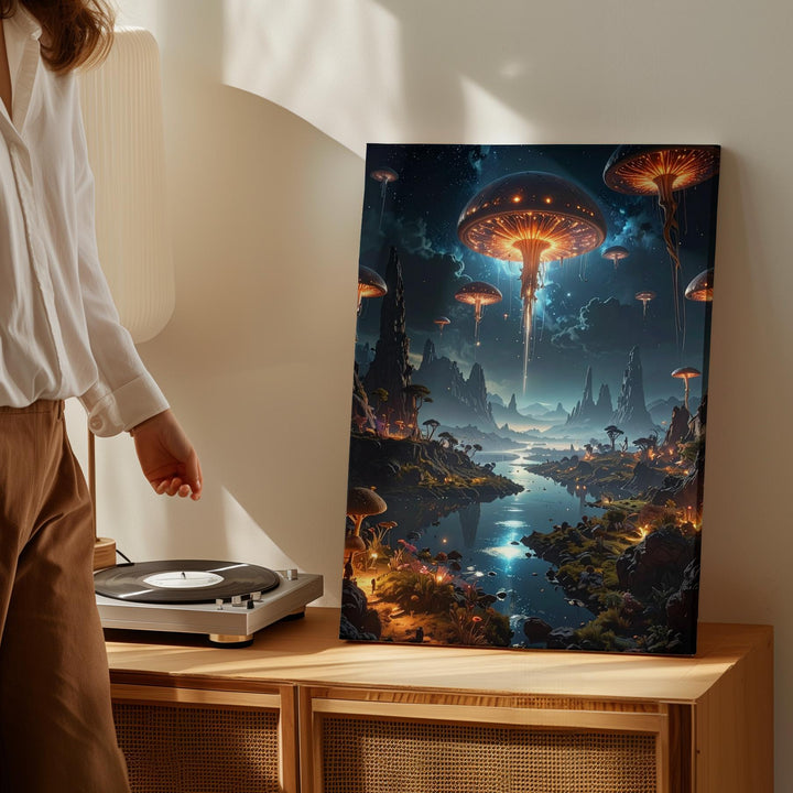 Alien Wilderness Canvas – Glowing Mushrooms and Travelers in Surreal Landscape - Gifitto