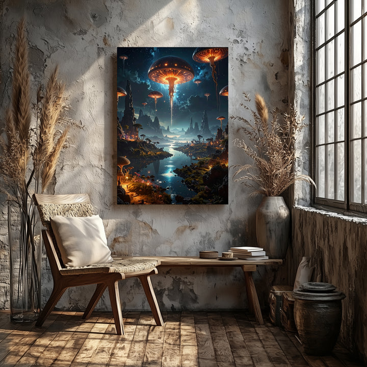 Alien Wilderness Canvas – Glowing Mushrooms and Travelers in Surreal Landscape - Gifitto