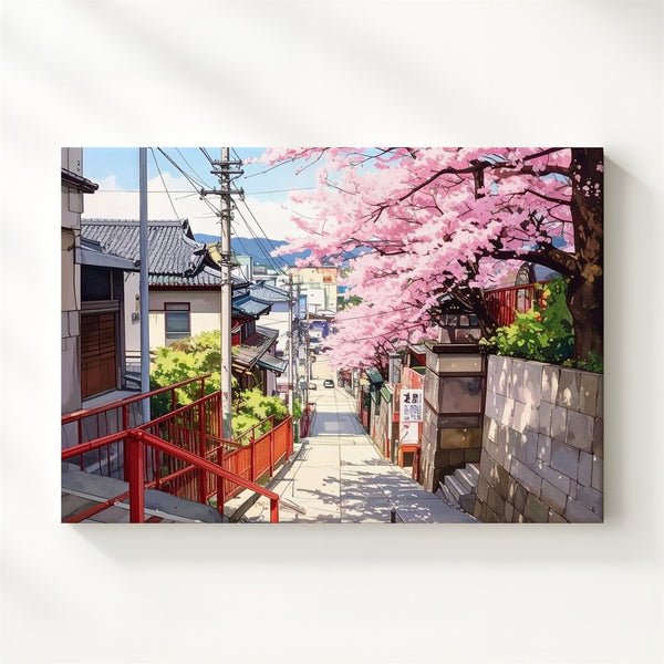 Cherry Blossom Alley Canvas – Tranquil Japanese Urban Spring Scene - Gifitto