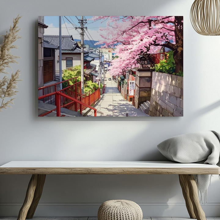 Cherry Blossom Alley Canvas – Tranquil Japanese Urban Spring Scene - Gifitto