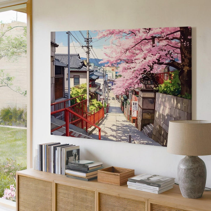 Cherry Blossom Alley Canvas – Tranquil Japanese Urban Spring Scene - Gifitto