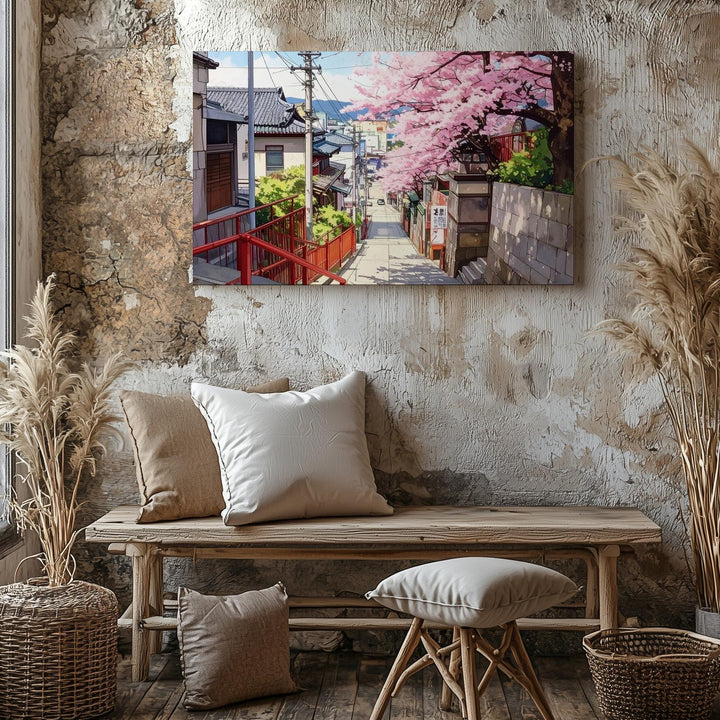 Cherry Blossom Alley Canvas – Tranquil Japanese Urban Spring Scene - Gifitto