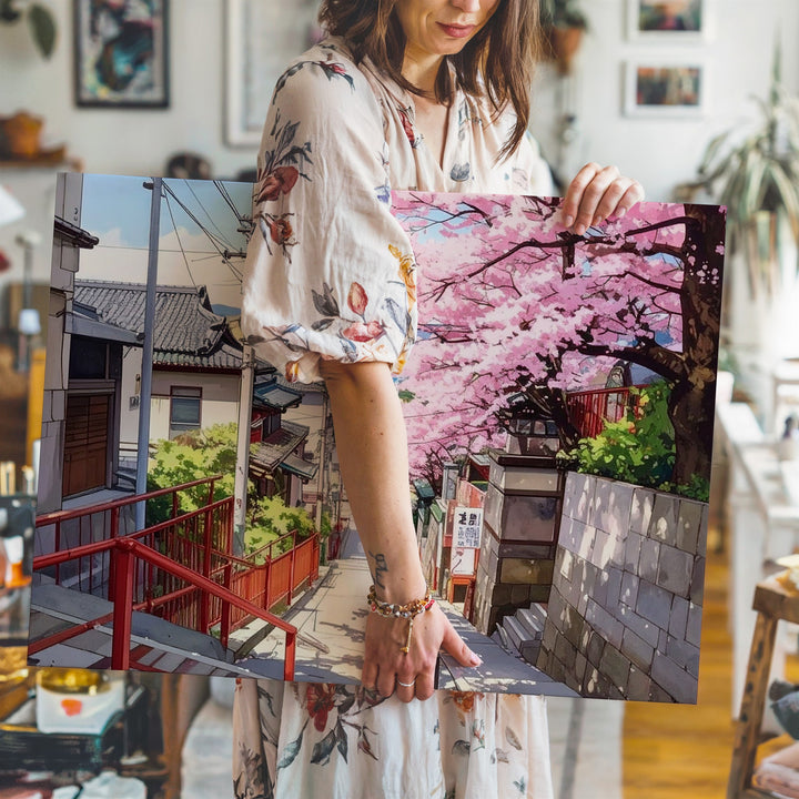 Cherry Blossom Alley Canvas – Tranquil Japanese Urban Spring Scene - Gifitto