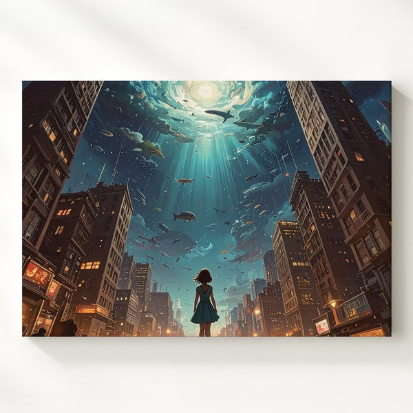 Surreal Underwater Cityscape Canvas – Girl in Awe Under Glowing Sky - Gifitto