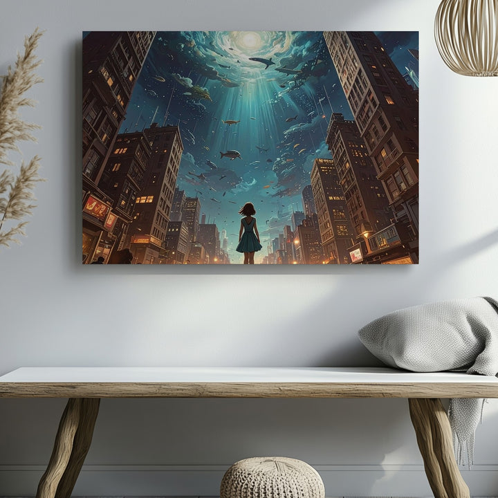 Surreal Underwater Cityscape Canvas – Girl in Awe Under Glowing Sky - Gifitto