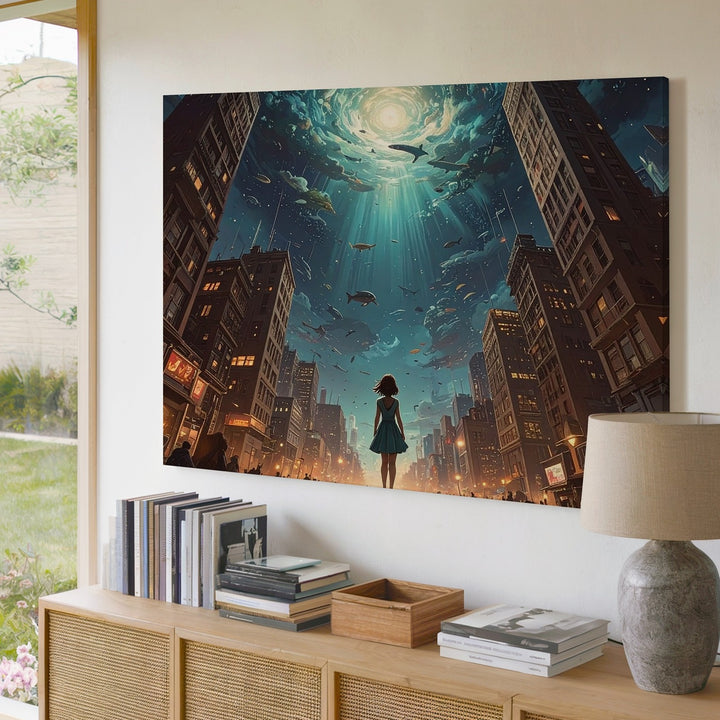 Surreal Underwater Cityscape Canvas – Girl in Awe Under Glowing Sky - Gifitto