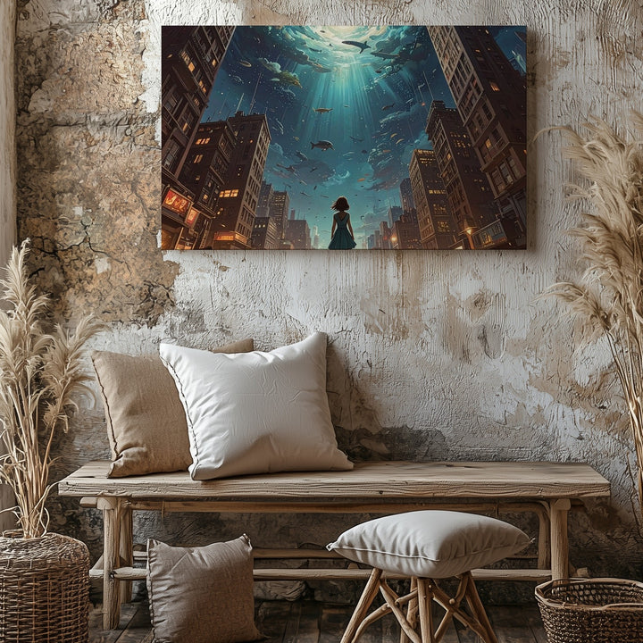 Surreal Underwater Cityscape Canvas – Girl in Awe Under Glowing Sky - Gifitto