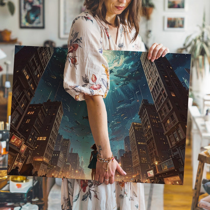 Surreal Underwater Cityscape Canvas – Girl in Awe Under Glowing Sky - Gifitto