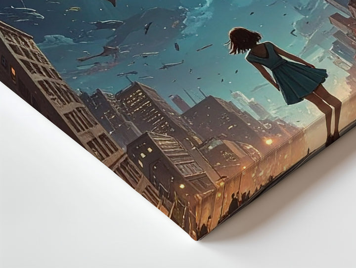 Surreal Underwater Cityscape Canvas – Girl in Awe Under Glowing Sky - Gifitto