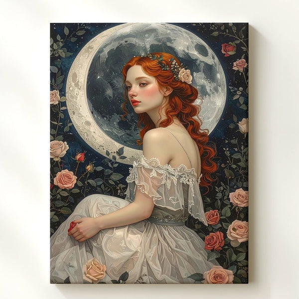 Moonlit Rose Garden Canvas – Romantic Fantasy Woman Portrait - Gifitto