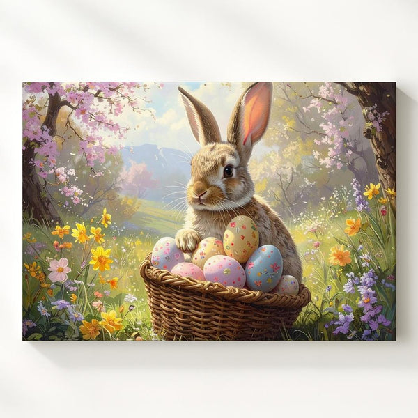 Easter Rabbit with Egg Basket Canvas – Spring Garden Wall Art - Gifitto