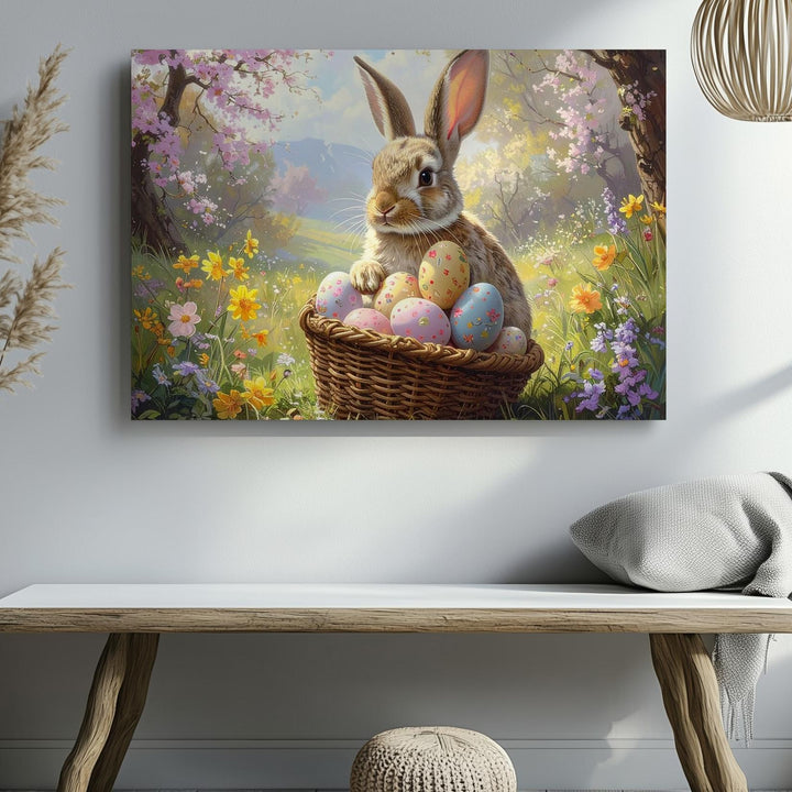 Easter Rabbit with Egg Basket Canvas – Spring Garden Wall Art - Gifitto
