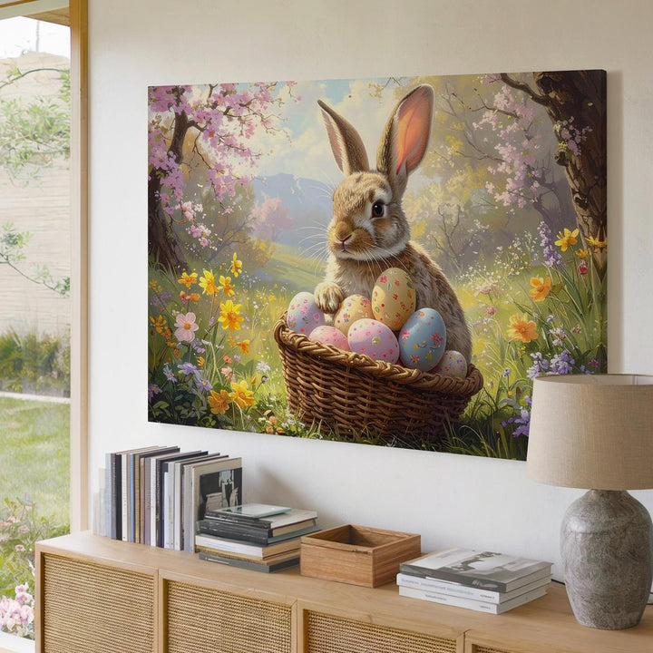 Easter Rabbit with Egg Basket Canvas – Spring Garden Wall Art - Gifitto