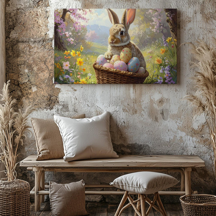 Easter Rabbit with Egg Basket Canvas – Spring Garden Wall Art - Gifitto