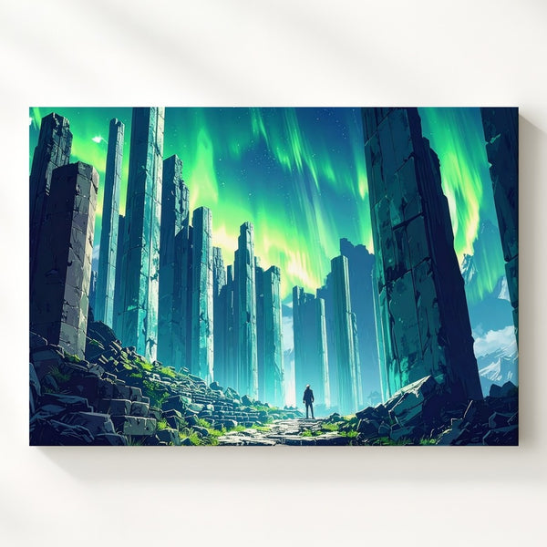 Ancient Columns Under Auroras Canvas – Mystical Ruins Fantasy Wall Art - Gifitto
