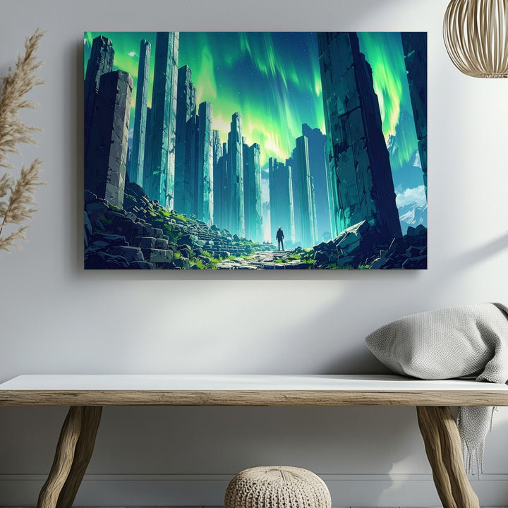 Ancient Columns Under Auroras Canvas – Mystical Ruins Fantasy Wall Art - Gifitto