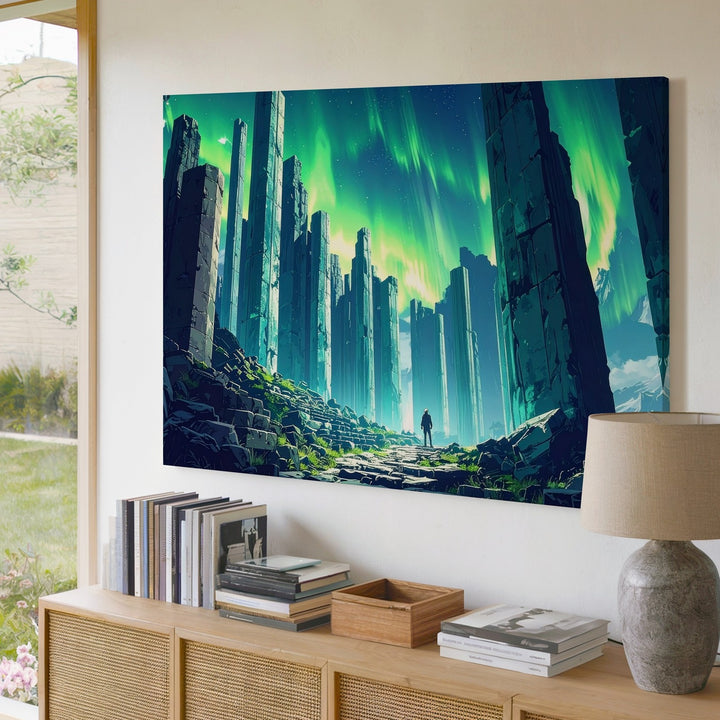 Ancient Columns Under Auroras Canvas – Mystical Ruins Fantasy Wall Art - Gifitto