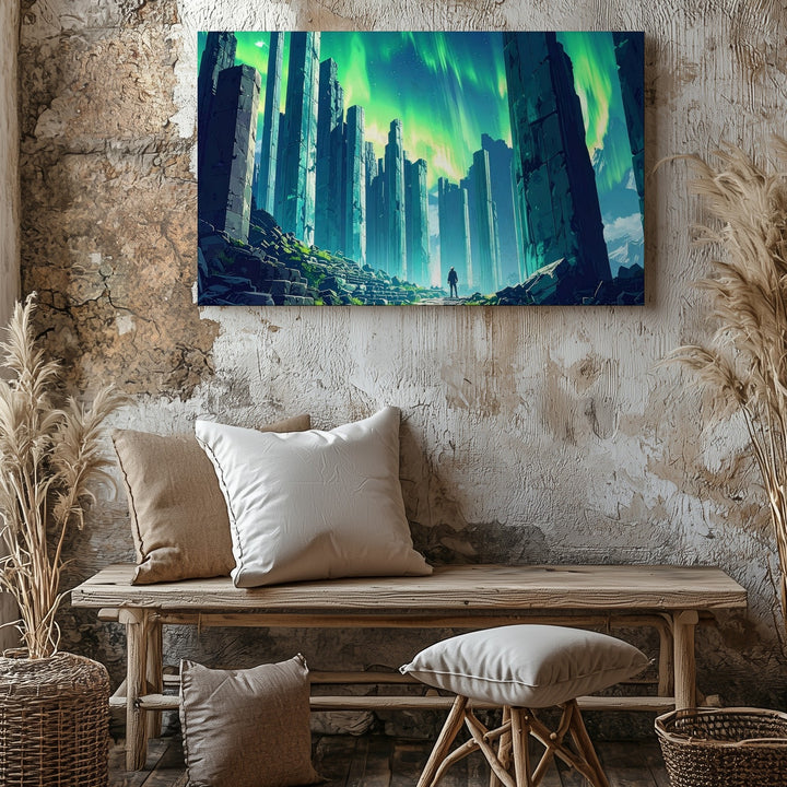 Ancient Columns Under Auroras Canvas – Mystical Ruins Fantasy Wall Art - Gifitto