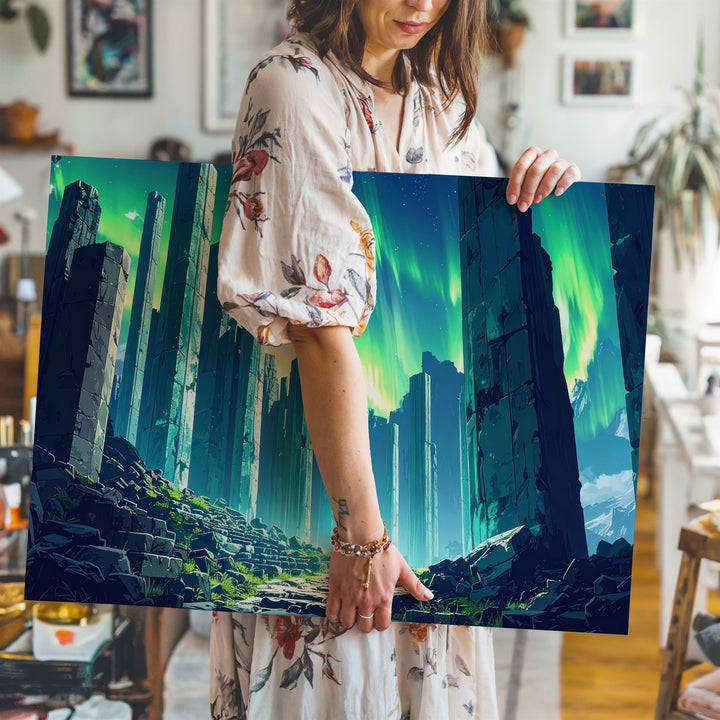 Ancient Columns Under Auroras Canvas – Mystical Ruins Fantasy Wall Art - Gifitto
