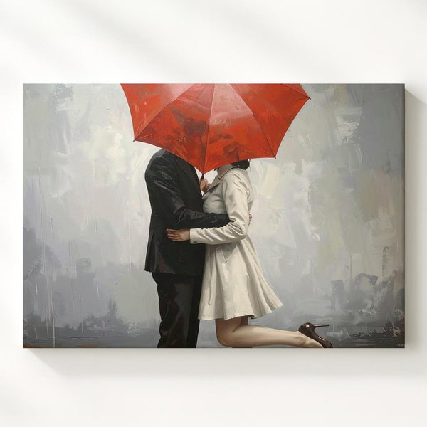Romantic Embrace Canvas – Couple Under Red Umbrella Wall Art - Gifitto