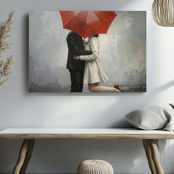 Romantic Embrace Canvas – Couple Under Red Umbrella Wall Art - Gifitto