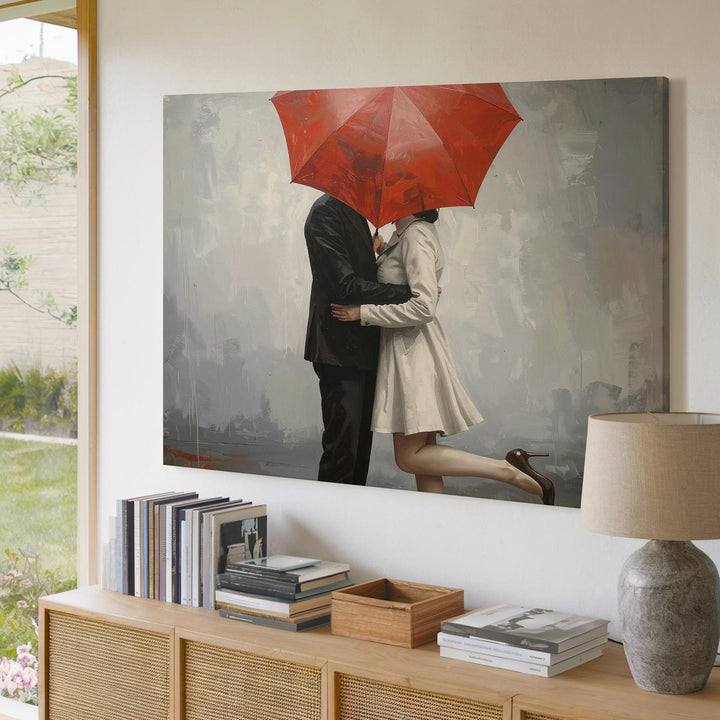 Romantic Embrace Canvas – Couple Under Red Umbrella Wall Art - Gifitto