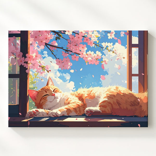 Springtime Serenity Canvas – Light Orange Cat Resting by Cherry Blossoms - Gifitto