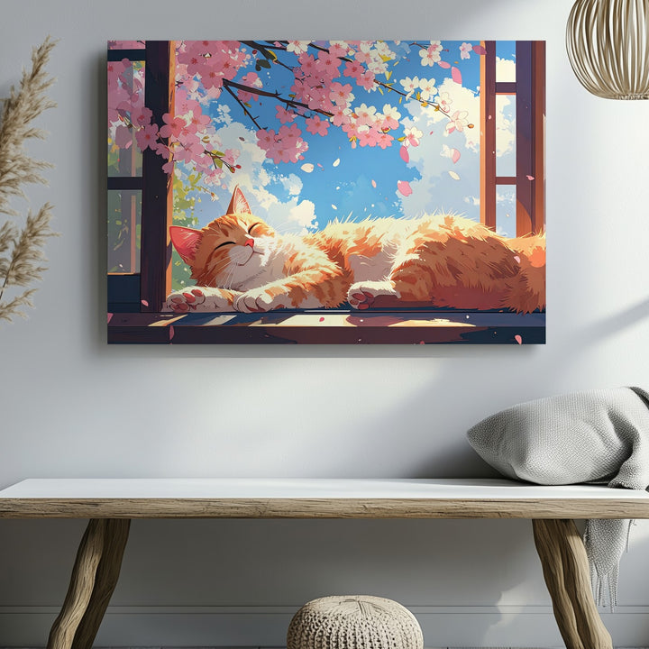 Springtime Serenity Canvas – Light Orange Cat Resting by Cherry Blossoms - Gifitto